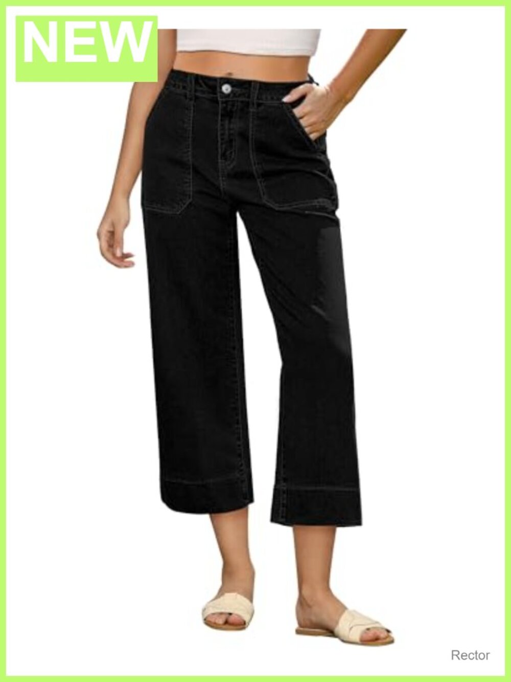 High Waisted Wide Leg Capri Jeans Stretchy Cropped Denim Pants with Pockets